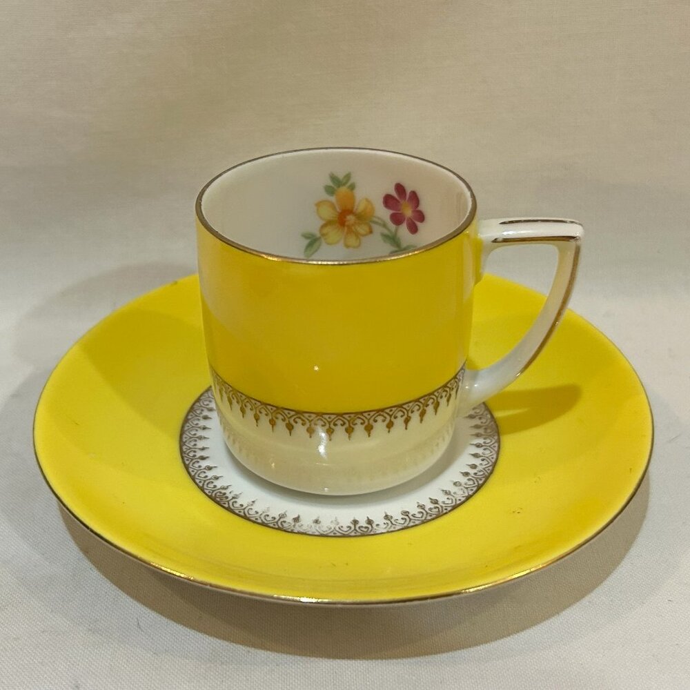 VTG Porcelain Chateau China Demitasse & Saucer Yellow Gold Floral Czechoslovakia